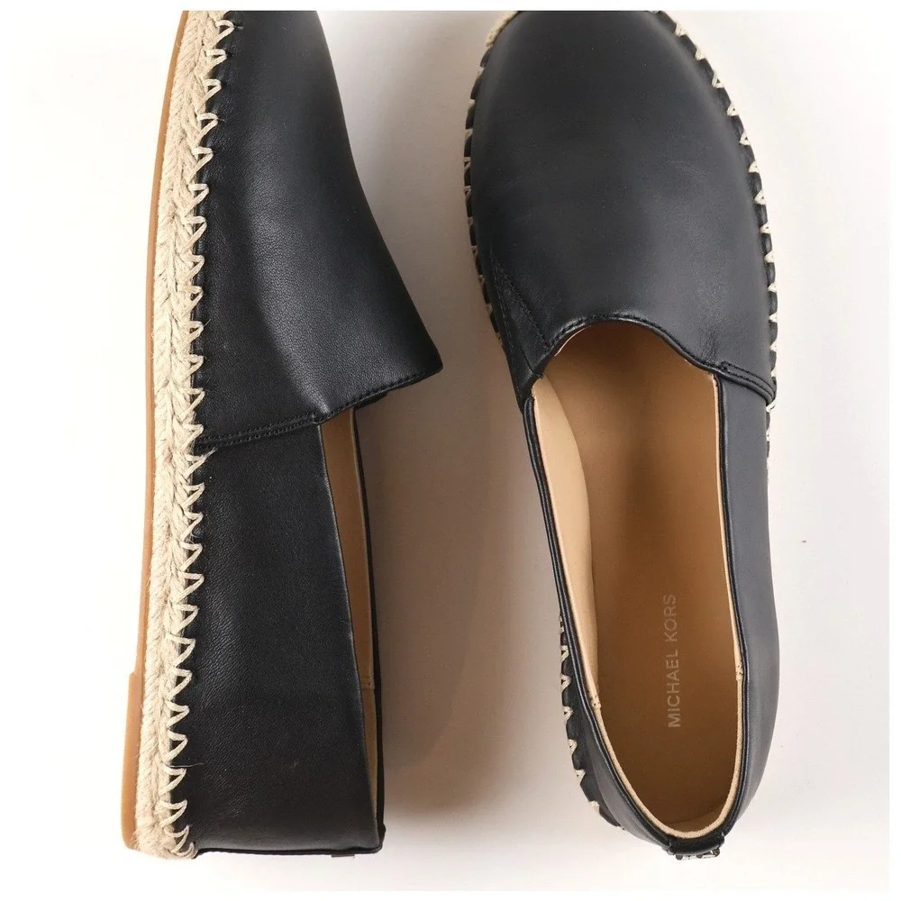 Michael Kors Espadrille Flats Kendrick Slip On Black Solid 8.5M Leather NWOT